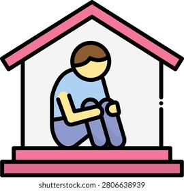 Icon of a child sitting alone and isolated inside a house representing a bullying victim seeking refuge and experiencing social isolation