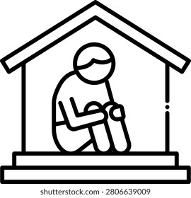 Icon of a child sitting alone and isolated inside a house representing a bullying victim seeking refuge and experiencing social isolation