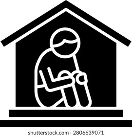 Icon of a child sitting alone and isolated inside a house representing a bullying victim seeking refuge and experiencing social isolation
