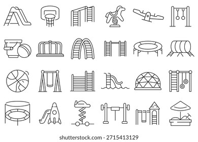 Icono para juegos infantiles conjunto de Vector. Icono para niños jugando en columpios, toboganes, balancines y set de Vector de sierras mecánicas. Área de juego para niños signo, símbolo, logotipo, diseño. Ilustración vectorial.