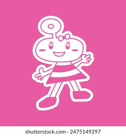 The icon of the children's character girl alien is pink for books, coloring, games, clothes, advertising