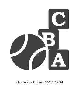 Icon of children's toys. Image of cubes with letters and ball. Isolated vector on a white background.
