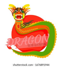 Icono dragón chino bailando sobre el fondo de un círculo rojo - el sol. Ilustración vectorial plana moderna aislada.