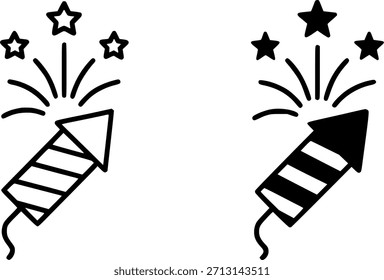 Ícone para Ano Novo Chinês, ilustração com fogos de artifício, preto e branco, contorno e versões de silhueta