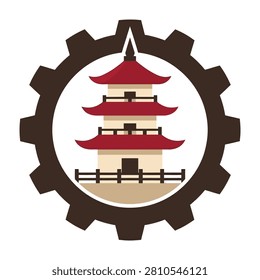 Icon of Chinese pagoda temple inside brown gear wheel, symbolizing industry and culture