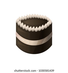 Icon of a chocolate cake with a white layer of cream. Biscuit baking with decoration from a delicious cream. Vector illustration.