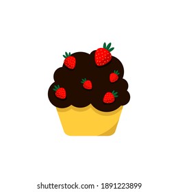 Icon of a chocolate cake in a yellow package with strawberries. Valentine's Day design element. Flat illustration with chocolate cake and strawberries