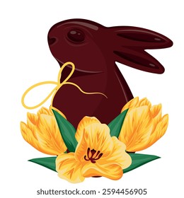 icon of a chocolate Easter bunny looking from the back with a yellow bow around its neck and yellow tulip buds, for Easter decorations