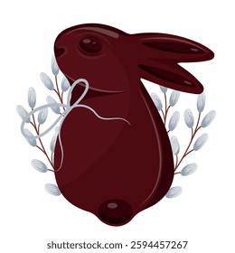 icon of a chocolate Easter bunny looking from the back with a white bow around its neck and willow branches, for Easter decorations