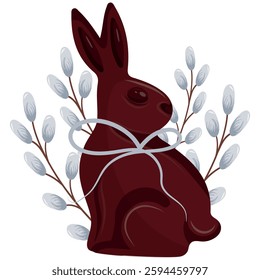 icon of a chocolate Easter bunny turned to the left with a white bow around its neck and willow, for Easter decorations