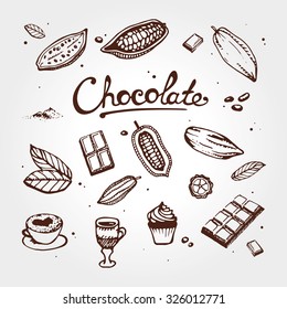 Icon of chocolate set: cacao, bean, cake, candy, cocoa, dessert, drink, hot,  powder, pudding, Design menu for restaurant, shop, confectionery, culinary, cafe, cafeteria, bar. Retro and vintage style.