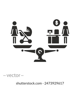 icon choose or compare, balance between work and child, woman  life, comparison mother with business career, flat symbol on white background - vector illustration