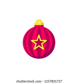 Icon of Christmas ball with sripes and a star, vector drawing of winter holiday element, isolated. Illustration of Christmas tree decoration item in red and gold color. Traditional celebratory decor