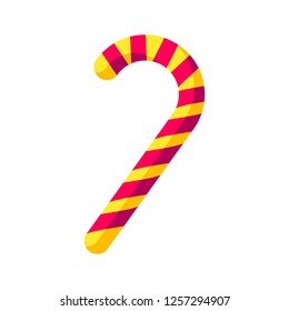 Icon of Christmas candy cane, vector drawing of winter holiday element, isolated. Sweet sugar cane illustration in red and yellow colors. Traditional celebratory sweet dessert for web and print design