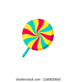 Icon of Christmas candy lollypop with swirling stripes, vector drawing of winter holiday element, isolated. Sweet sugar candy illustration in red and yellow colors. Traditional celebratory dessert