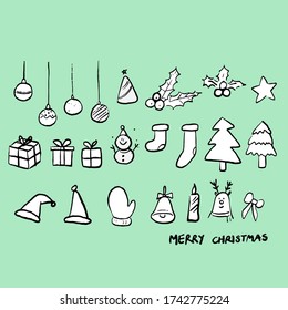 Icon Christmas design elements in sketch brush style. Hand drawn cute elements vector illustration. Xmas ornament. 