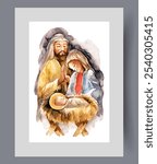 Icon with christmas jesus and virgin mary near praying man on wall art. Watercolor artwork. Print with christmas icon with moment of appearance of prophet or son of god, in frame with decor for poster