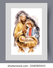 Icon with christmas jesus and virgin mary near praying man on wall art. Watercolor artwork. Print with christmas icon with moment of appearance of prophet or son of god, in frame with decor for poster