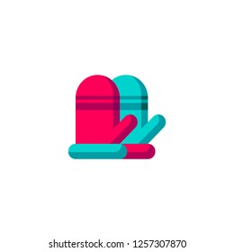 Icon of Christmas mittens, vector drawing of winter holiday element, isolated. Illustration of loves of the costume of Santa in red and minty green colors. Traditional celebratory clothing accessory