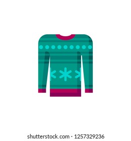 Icon of Christmas sweater, vector drawing of winter holiday element, isolated. Illustration of a knitted clothing item in red and green colors. Traditional celebratory clothing top for web and print