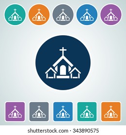 Icon of Church in Multi Color Circle & Square Shape. Eps-10.