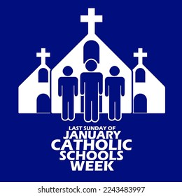 Icon of a church with people standing in front of it with bold text isolated on dark blue background to commemorate Catholic Schools Week on January