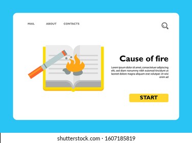 Icon of cigarette on burning book. Emergency, risk, ash. Cause of fire concept. Can be used for topics like danger, flame, smoking