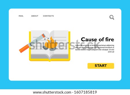 Icon of cigarette on burning book. Emergency, risk, ash. Cause of fire concept. Can be used for topics like danger, flame, smoking