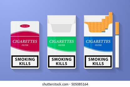 Icon of cigarette pack. The open, empty and closed boxes with an inscription - smoking kills