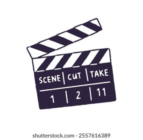 Icon of cinema clapboard. Black clapperboard, filmmaking cut, clip, state. Movie clap board. Sign of clapper. Cinematography, television symbol. Flat isolated vector illustration on white background