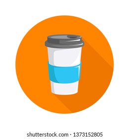 Icon circle Coffee Cup isolated Blue and white with orange background, Flat Design - Vector