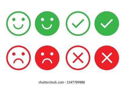 Der Symbolkreis sieht Emotionen richtig und falsch aus. Verschiedene Smiley-Gesichter. Das grüne und rote Häkchen. Rundtasten setzen ja und nein. Vektorgrafik in flachem Design.