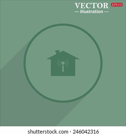 Icon circle on a green background with shadow, The house is surrounded by a network wi-fi , vector illustration, EPS 10