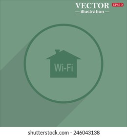Icon circle on a green background with shadow, The house is surrounded by a network wi-fi , vector illustration, EPS 10