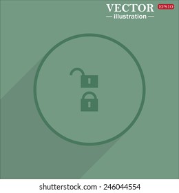 Icon circle on a green background with shadow, Open lock, vector, EPS 10