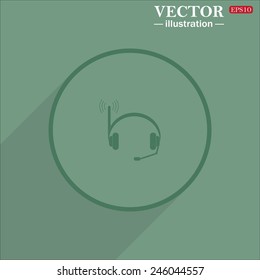 Icon circle on a green background with shadow, Headphones. Musical accessories running through wi-fi network,  vector illustration, EPS 10