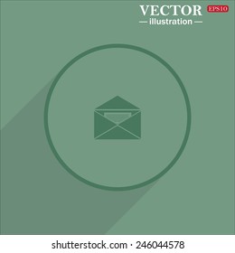 Icon circle on a green background with shadow, open envelope with a letter, vector, EPS 10