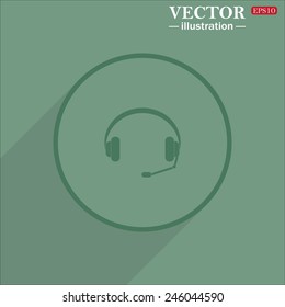 Icon circle on a green background with shadow, Headphones. Musical accessory,  vector illustration, EPS 10