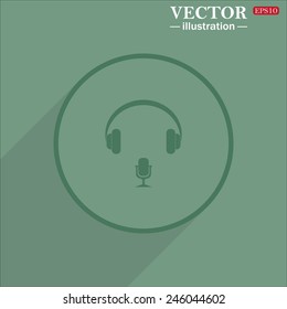 Icon circle on a green background with shadow, Headphones. Musical accessory,  vector illustration, EPS 10