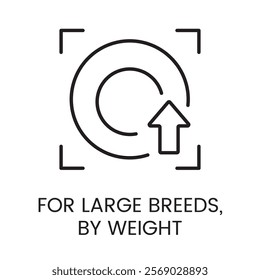 An icon of a circular arrow with an upward arrow inside a square frame in vector, symbolizing large breed suitability by weight, with an editable stroke