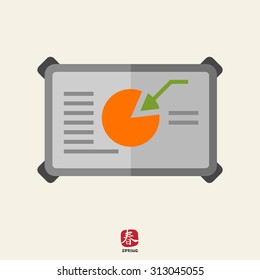 Icon of circular chart with text and arrow on board