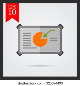 Icon of circular chart with text and arrow on board