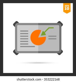 Icon of circular chart with text and arrow on board