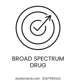 An icon of a circular target with an arrow and checkmark in vector, symbolizing a precise and effective broad spectrum drug, with an editable stroke.