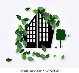 Icon of the city with green leaves. Vector illustration