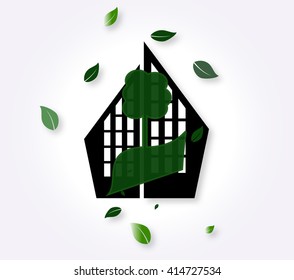 Icon of the city with green leaves. Vector illustration