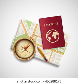 Icon city map, a compass and a passport. Trip and travel. Isolated on white background. Stock vector realistic illustration.