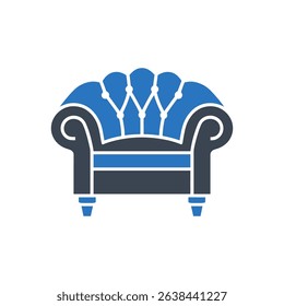 Icon of a classic armchair with a tufted design and blue cushion.
