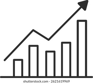 Ícone de um gráfico clássico ou gráfico com marcas de indicador e uma seta, um símbolo de start-ups, desenvolvimento de negócios e movimento para cima, linha preta.