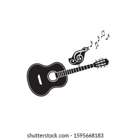 icon of classical acoustic guitar with singing bird isolated on white background